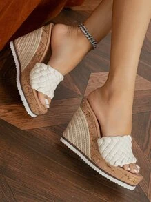 女式編織帶麻底涼鞋夏季度假白色坡跟拖鞋 - 白色 - 查看 2