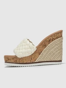 女式編織帶麻底涼鞋夏季度假白色坡跟拖鞋 - 白色 - 查看 3