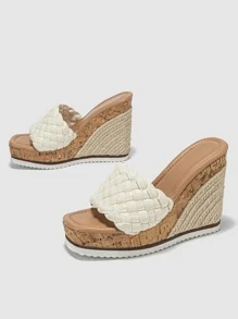 女式編織帶麻底涼鞋夏季度假白色坡跟拖鞋 - 白色 - 查看 4