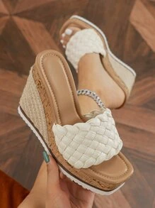 女式編織帶麻底涼鞋夏季度假白色坡跟拖鞋 - 白色 - 查看 5