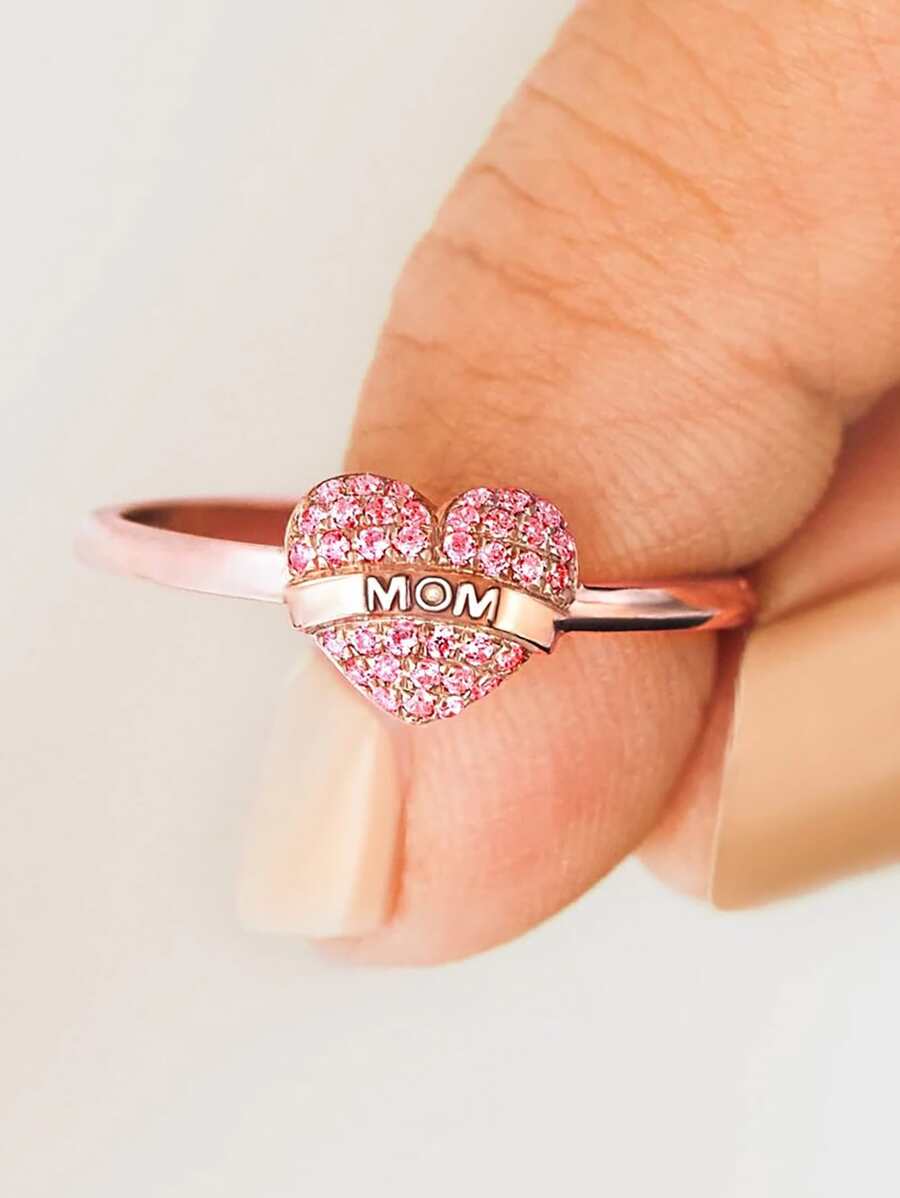 方晶鋯石愛心裝飾銀婚戒 - 粉色 - 查看 1