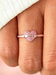 方晶鋯石愛心裝飾銀婚戒 - 粉色 - 查看 2