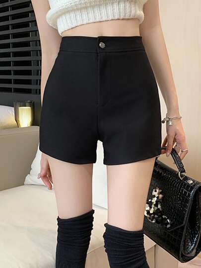 Solid High Waist Straight Leg Shorts