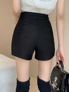 Solid High Waist Straight Leg Shorts