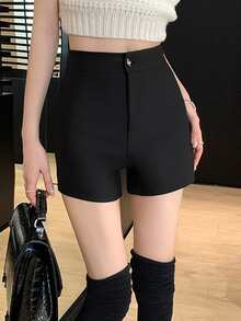 Solid High Waist Straight Leg Shorts