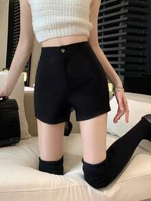 Solid High Waist Straight Leg Shorts