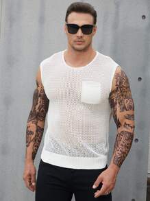 Men Pocket Patched Pointelle Knit Top - White - View 1