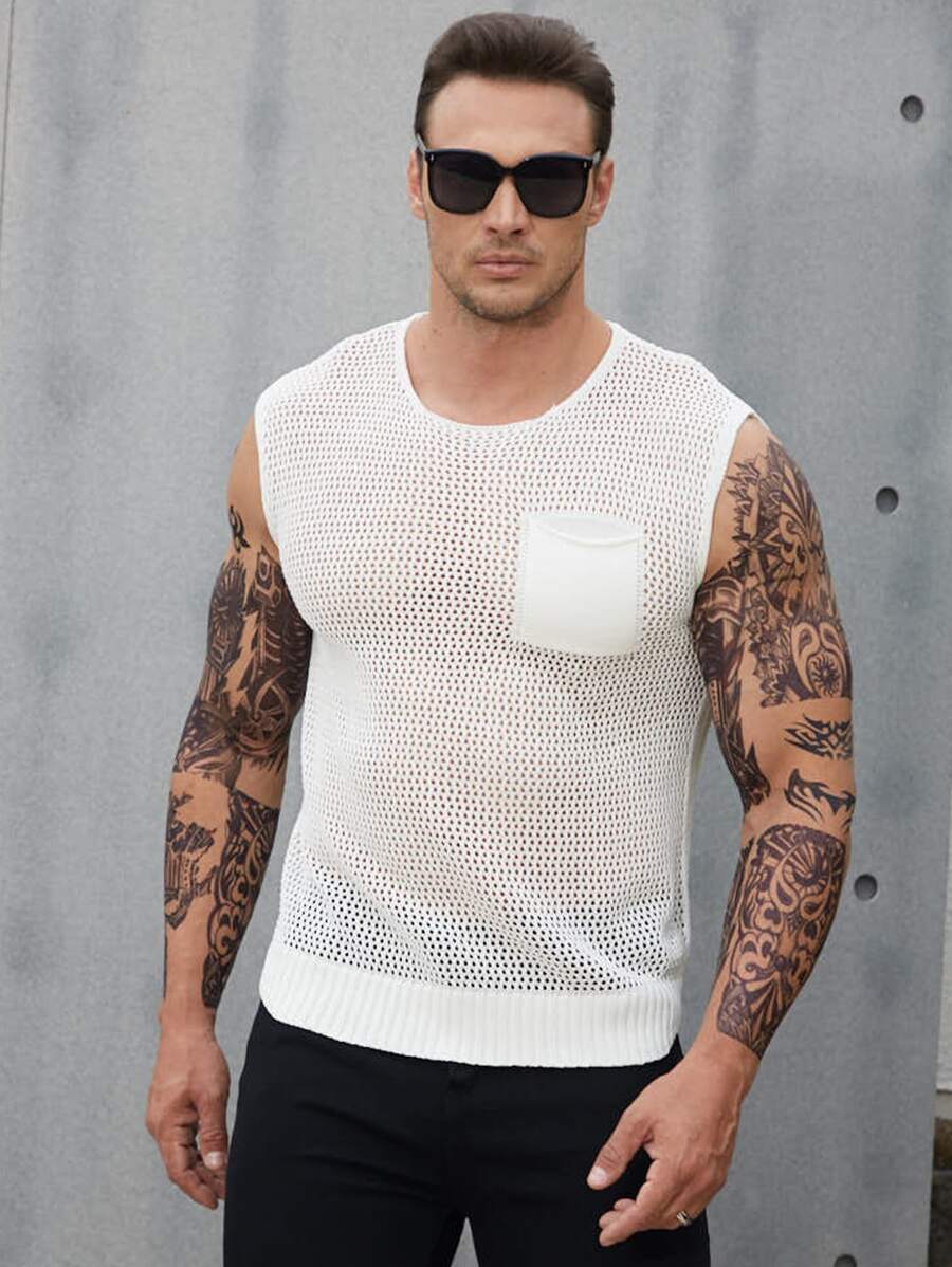 Men Pocket Patched Pointelle Knit Top - White - View 1