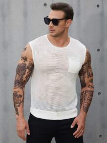 Men Pocket Patched Pointelle Knit Top - White - View 3