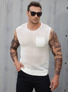 Men Pocket Patched Pointelle Knit Top - White - View 6