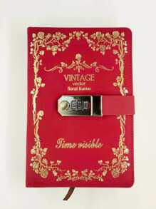 1pc Hot Stamping Cover Notebook, Vintage Flower Frame Design Notebook For School Student, Office - Red - View 1
