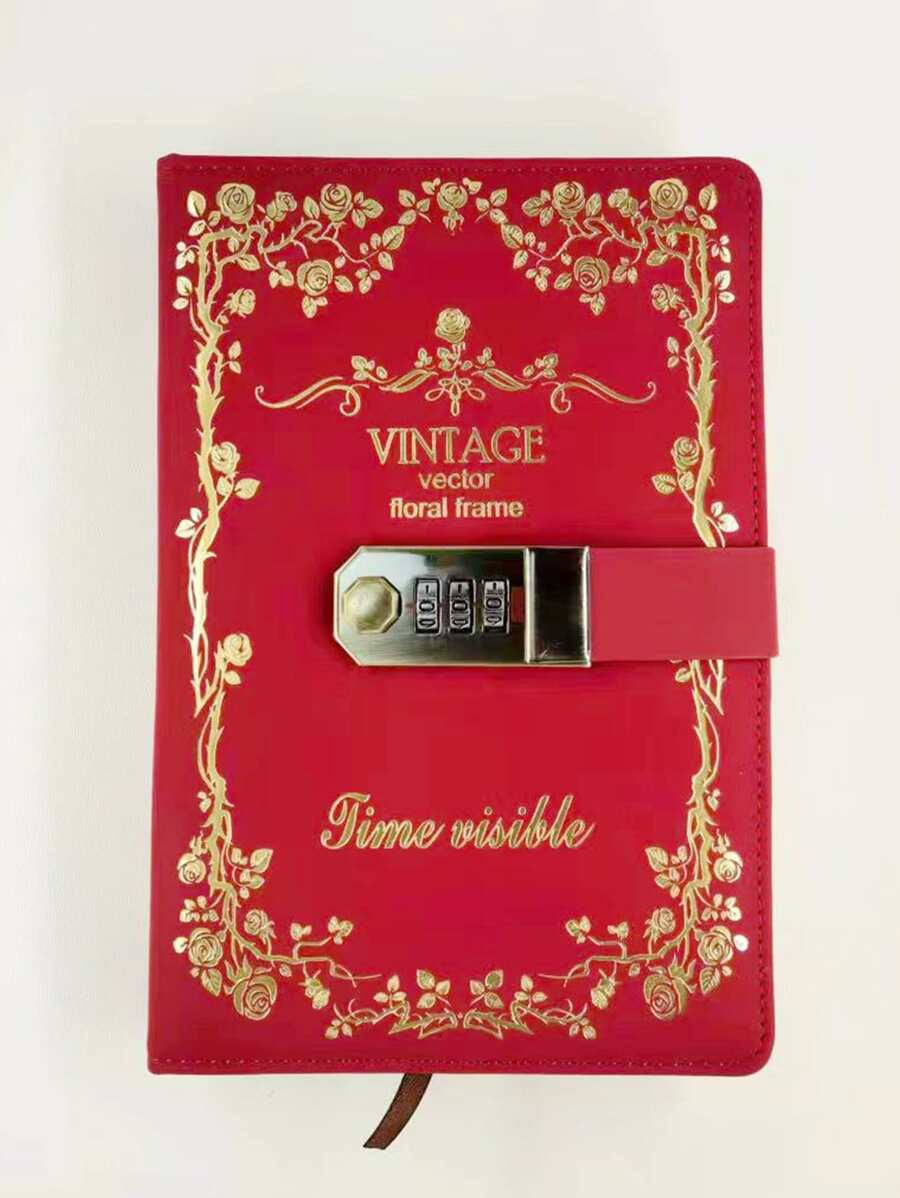 1pc Hot Stamping Cover Notebook, Vintage Flower Frame Design Notebook For School Student, Office - Red - View 1