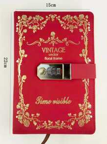 1pc Hot Stamping Cover Notebook, Vintage Flower Frame Design Notebook For School Student, Office - Red - View 2
