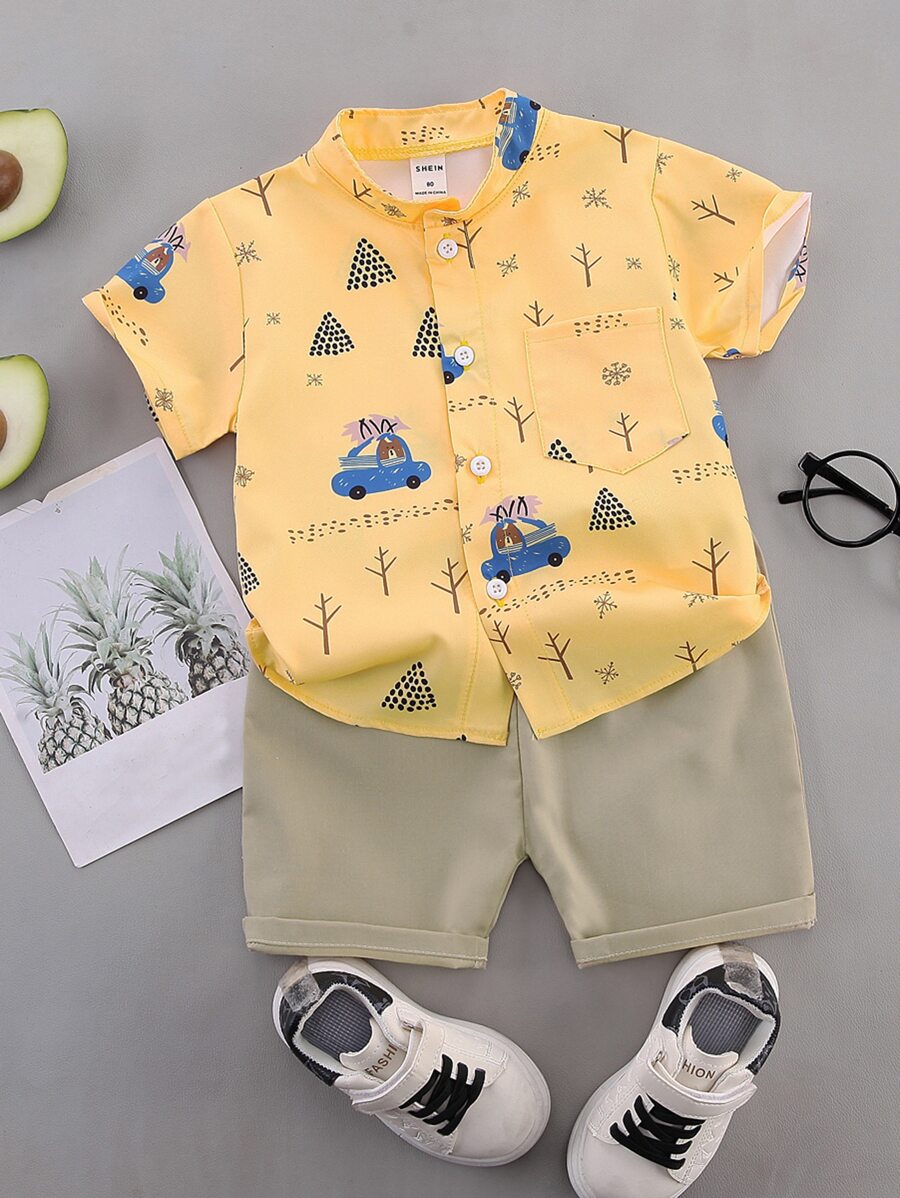 SHEIN Young Boy Cartoon Graphic Button Front Shirt With Shorts - Multicolor - View 1