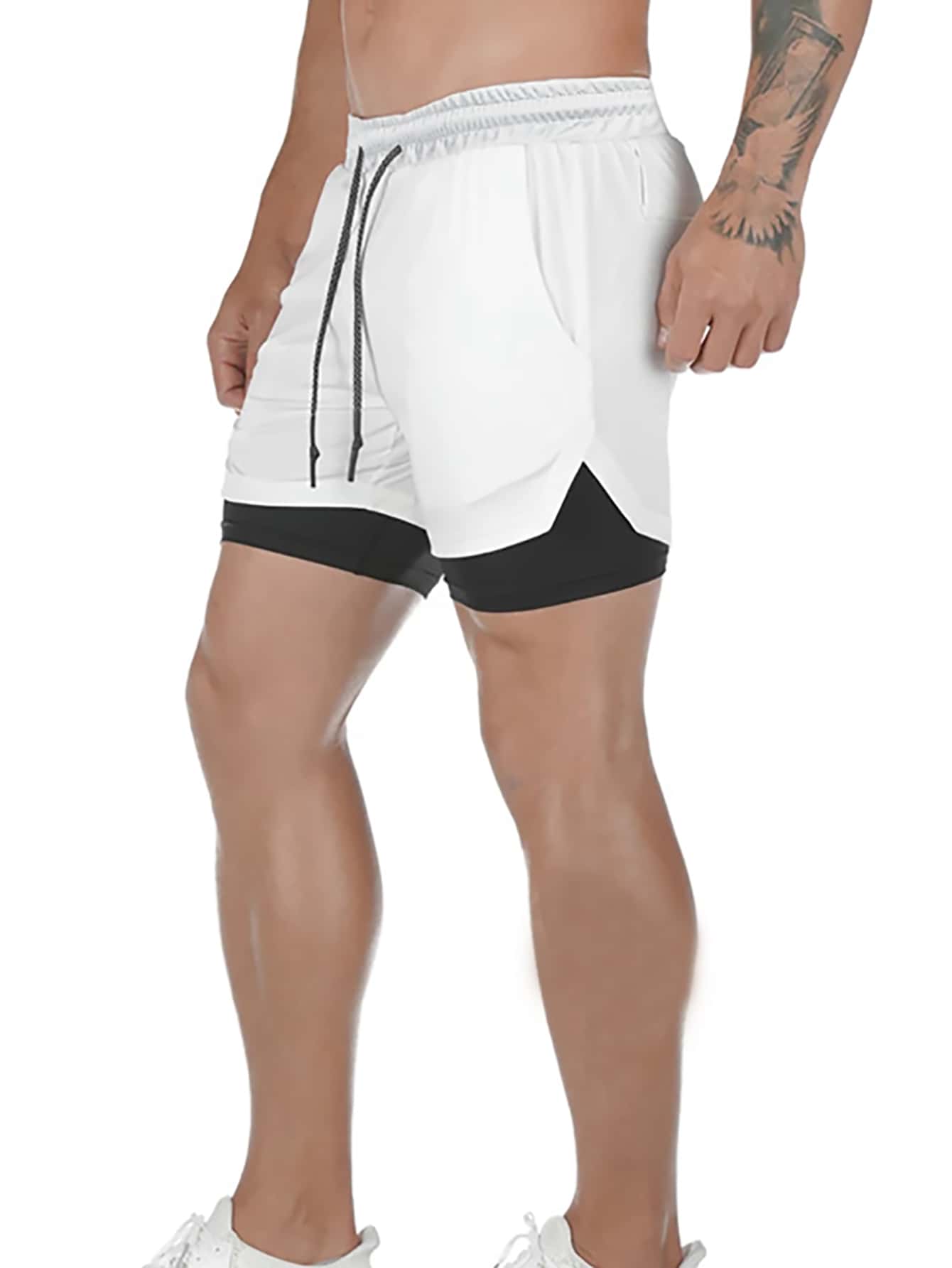 男士撞色腰部抽繩假两件短褲和毛巾環 - 白色 - 查看 1