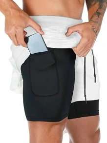 男士撞色腰部抽繩假两件短褲和毛巾環 - 白色 - 查看 4