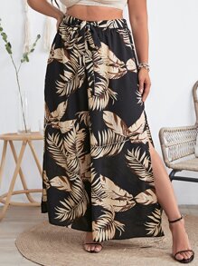 SHEIN VCAY Plus Tropical Print Split Thigh Belted Wide Leg Trousers - Black - View 1