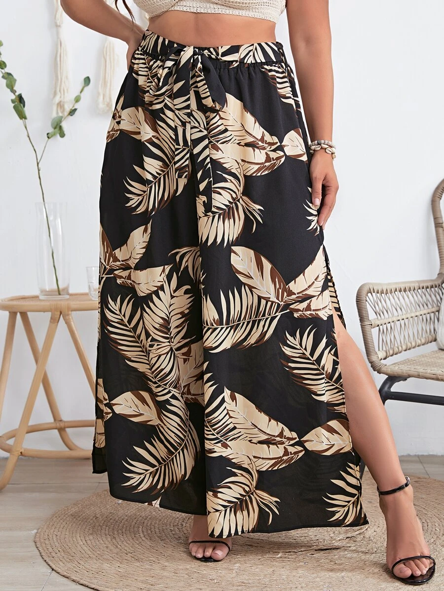 SHEIN VCAY Plus Tropical Print Split Thigh Belted Wide Leg Trousers - Black - View 1