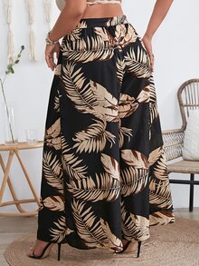 SHEIN VCAY Plus Tropical Print Split Thigh Belted Wide Leg Trousers - Black - View 2
