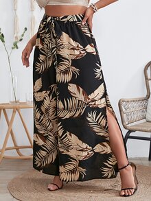 SHEIN VCAY Plus Tropical Print Split Thigh Belted Wide Leg Trousers - Black - View 4