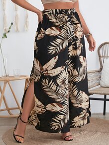 SHEIN VCAY Plus Tropical Print Split Thigh Belted Wide Leg Trousers - Black - View 5