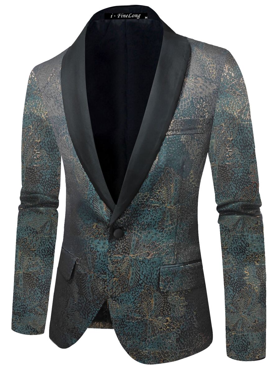 男士提花青果領單釦西裝外套 - 彩色 - 查看 1