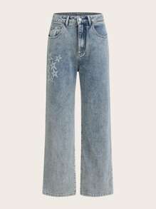 ROMWE Grunge Punk 星星圖案直筒牛仔褲 - 淺色水洗藍 - 查看 5