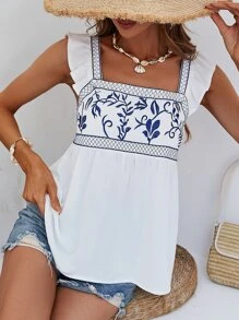 SHEIN VCAY Áo sơ mi nữ Xù Thêu Hoa Dễ thương - trắng - Xem 5