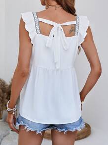 SHEIN VCAY Áo sơ mi nữ Xù Thêu Hoa Dễ thương - trắng - Xem 2