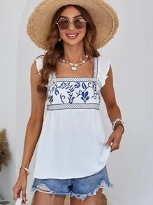 SHEIN VCAY Áo sơ mi nữ Xù Thêu Hoa Dễ thương - trắng - Xem 1