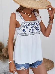 SHEIN VCAY Áo sơ mi nữ Xù Thêu Hoa Dễ thương - trắng - Xem 3