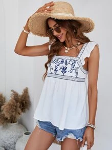 SHEIN VCAY Áo sơ mi nữ Xù Thêu Hoa Dễ thương - trắng - Xem 4