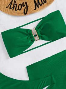 SHEIN Swim Chất rắn Bộ Bikini Kim loại V-có dây Áo ngực Không dây & Cao eo Đáy & Che đậy Váy 3 mảnh Bộ đồ tắm - màu xanh lá - Xem 4