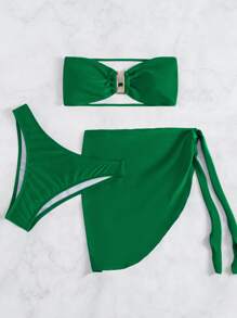 SHEIN Swim Chất rắn Bộ Bikini Kim loại V-có dây Áo ngực Không dây & Cao eo Đáy & Che đậy Váy 3 mảnh Bộ đồ tắm - màu xanh lá - Xem 5