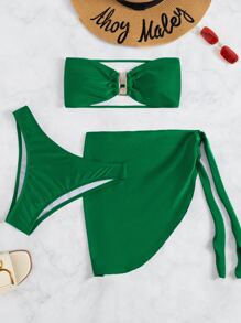 SHEIN Swim Chất rắn Bộ Bikini Kim loại V-có dây Áo ngực Không dây & Cao eo Đáy & Che đậy Váy 3 mảnh Bộ đồ tắm - màu xanh lá - Xem 6