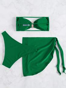 SHEIN Swim Chất rắn Bộ Bikini Kim loại V-có dây Áo ngực Không dây & Cao eo Đáy & Che đậy Váy 3 mảnh Bộ đồ tắm - màu xanh lá - Xem 7