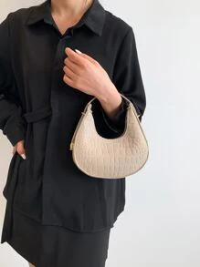 Crocodile Embossed Felt Hobo Bag Fashion Hobo Bag Stylish Women's Faux Leather Shoulder Bag Solid Color Underarm Bag - Khaki - View 3