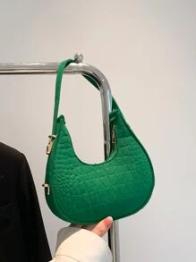 鱷魚壓紋毛氈流浪包時尚綠色流浪包時髦女士人造皮革單肩包流行素色腋下包 - 綠色 - 查看 3