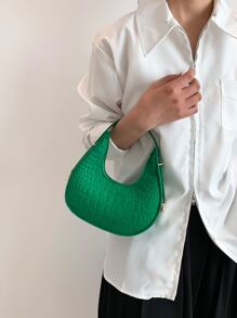 鱷魚壓紋毛氈流浪包時尚綠色流浪包時髦女士人造皮革單肩包流行素色腋下包 - 綠色 - 查看 4