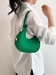 鱷魚壓紋毛氈流浪包時尚綠色流浪包時髦女士人造皮革單肩包流行素色腋下包 - 綠色 - 查看 5