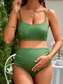 SHEIN Maternity Solid Ruched High Waisted Bikini Set Summer Beach - Green - View 1