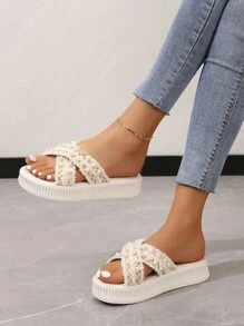 Women Faux Pearl Decor Criss Cross Sandals, Vacation Fabric Flatform Slide Sandals For Summer - Beige - View 2