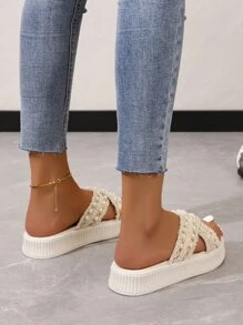 Women Faux Pearl Decor Criss Cross Sandals, Vacation Fabric Flatform Slide Sandals For Summer - Beige - View 5