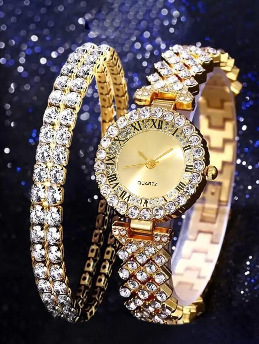 3件套女士时尚休闲罗马数字全镶钻表盘腕表，搭配珠宝配饰和时尚水晶手链套装，适合婚礼、商务馈赠、年会、员工礼品、高端商务女性、日常穿搭、生日礼物、节日派对礼物、聚会、海滩度假、情人节礼物，是送给女性、家人、朋友、爱人、母亲、学生、青少年、女孩的完美礼物。 - 金色 - 查看 1