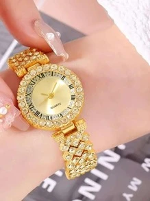 3件套女士时尚休闲罗马数字全镶钻表盘腕表，搭配珠宝配饰和时尚水晶手链套装，适合婚礼、商务馈赠、年会、员工礼品、高端商务女性、日常穿搭、生日礼物、节日派对礼物、聚会、海滩度假、情人节礼物，是送给女性、家人、朋友、爱人、母亲、学生、青少年、女孩的完美礼物。 - 金色 - 查看 3