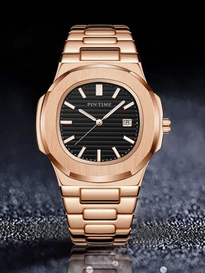 PINTIME 1pc Men Rose Gold Zinc Alloy Strap Casual Date Geometric Dial Quartz Watch With 1pc Punching Needle, For Daily Decoration Father