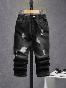 SHEIN Toddler Boys Ripped Frayed Bleach Wash Jeans - Black - View 1