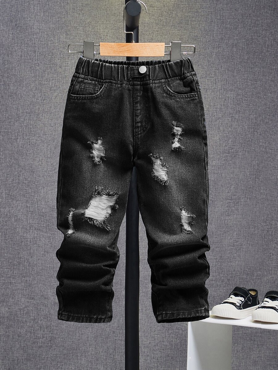 SHEIN Toddler Boys Ripped Frayed Bleach Wash Jeans - Black - View 1