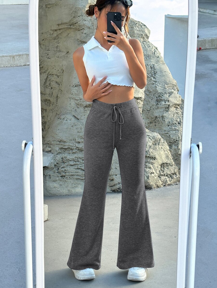 SHEIN EZwear 腰部抽繩喇叭衛褲 - 深灰色 - 查看 1