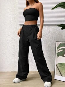SHEIN EZwear 純色管頂+貨物褲套裝 - 黑色 - 查看 3